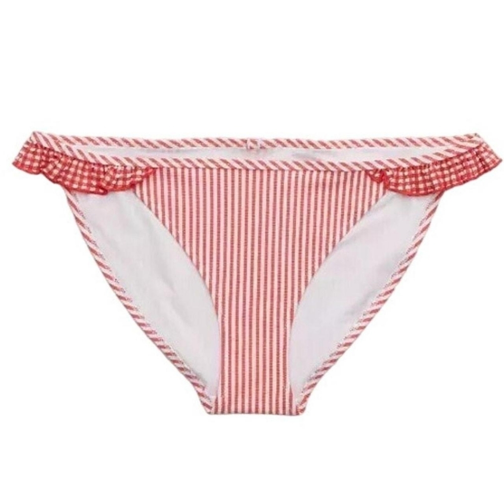 Aerie Women's Red and White Seersucker Striped Ruffle Bikini Bottom